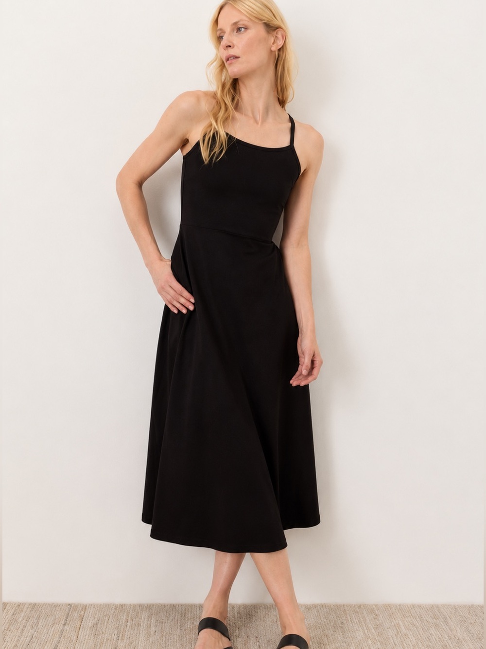 Pact Organic Cotton Midi Dress Black Racerback Pockets Fit And Flare Small